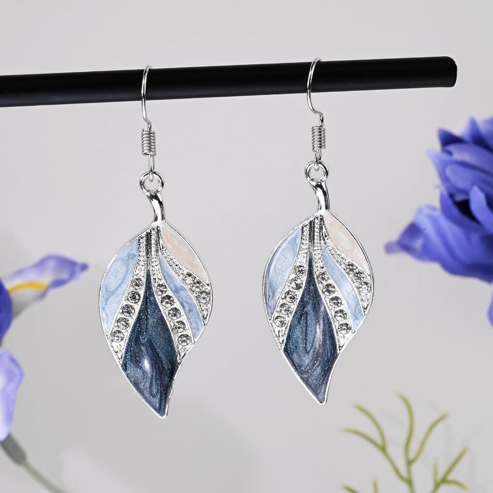Women's Leaf Silver Dangle Earrings Boho Teardrop Dangling Blue Plant jewelry - Picture 5 of 7